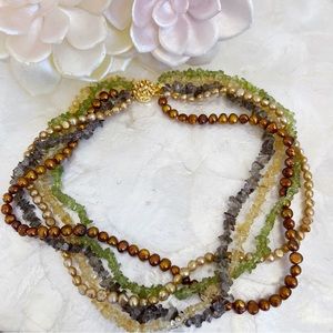 Fall Autumn Colors Multi-strand Multi gemstone Pearl necklace 17”